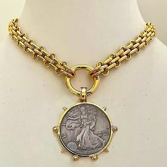 Gold Walking Liberty Coin Statement Necklace Large Chunky 1900 Liberty Coin - Picture 1 of 5